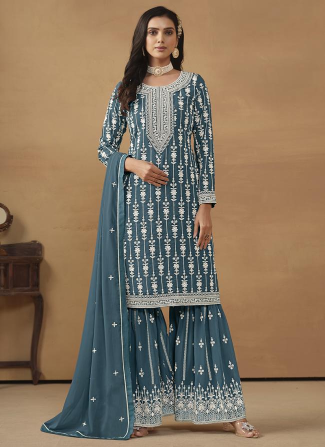 Faux Georgette Blue Wedding Wear Embroidery Work Sharara Suit